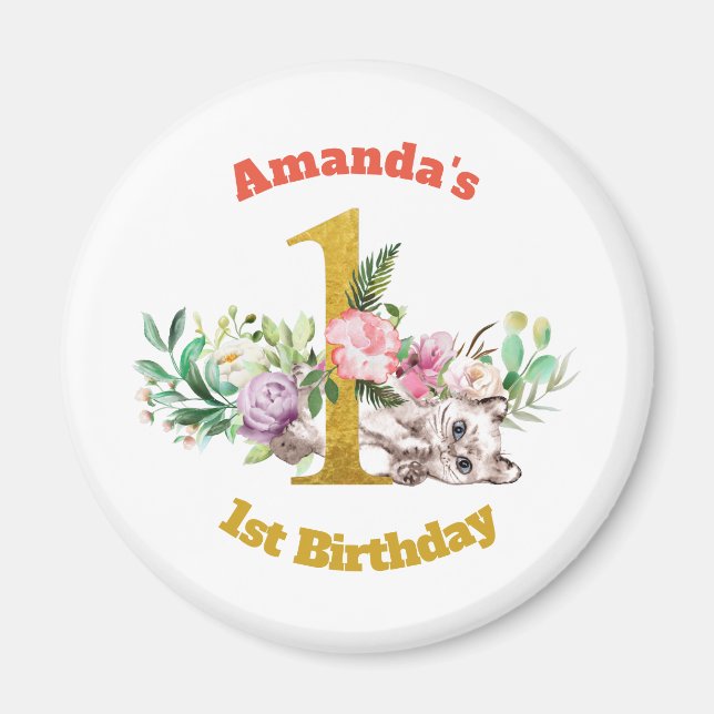 Pretty Kitten Floral Baby Girl 1st Birthday Magnet (Front)