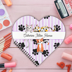 Pretty Kittens & paws, purple stripes heaart shape Notebook