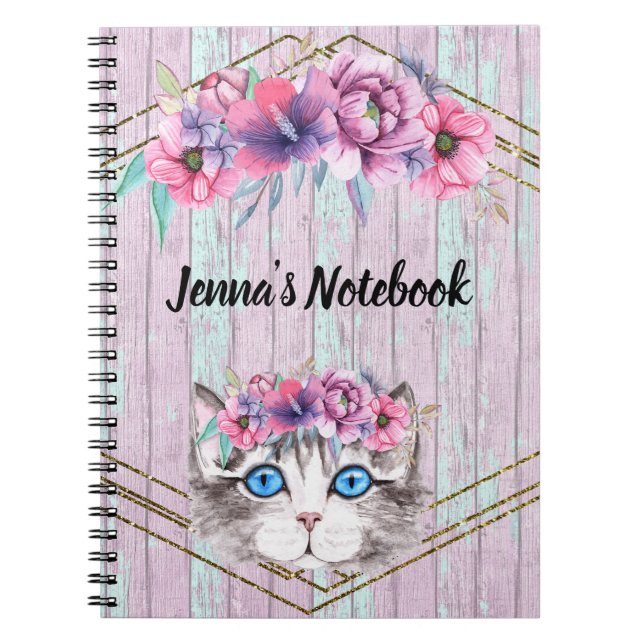 Pretty Kitty Face on a Faux Wood Pink Background Notebook (Front)