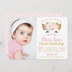 PRETTY KITTY Girl Cat Photo Birthday Invitation