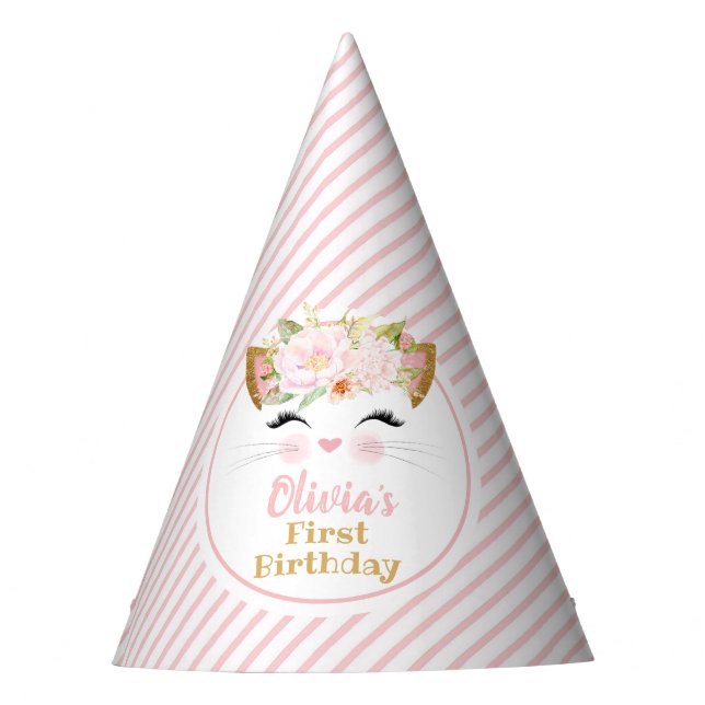 PRETTY KITTY Girl's Birthday Paper Party Hat (Front)