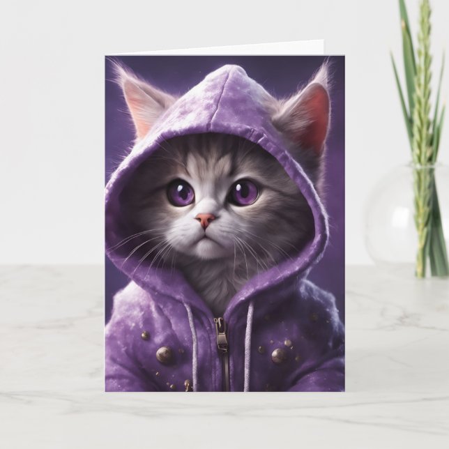 Pretty Kitty in a Purple Hoodie All Occasion Card (Front)