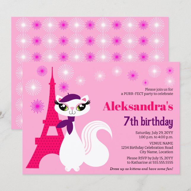 Pretty Kitty Paris Pink Birthday Invitation (Front/Back)