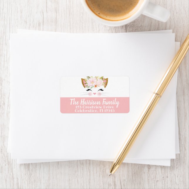 PRETTY KITTY Pink & White Cat Face Return Address Label (Insitu)