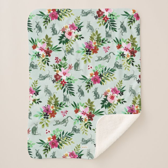 PRETTY KITTY Tropical Floral Cat Sherpa Blanket (Front)