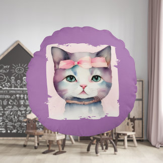 Pretty Kitty With Pink Bow Round Pillow