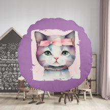 Pretty Kitty With Pink Bow Round Pillow