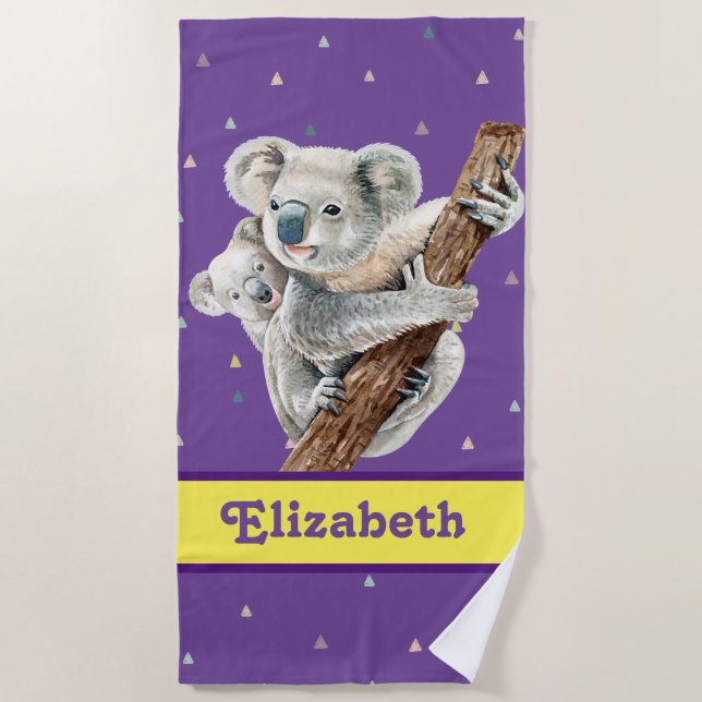 Pretty Koala Bear Purple Pretty Animal Name Kids Beach Towel (Front)