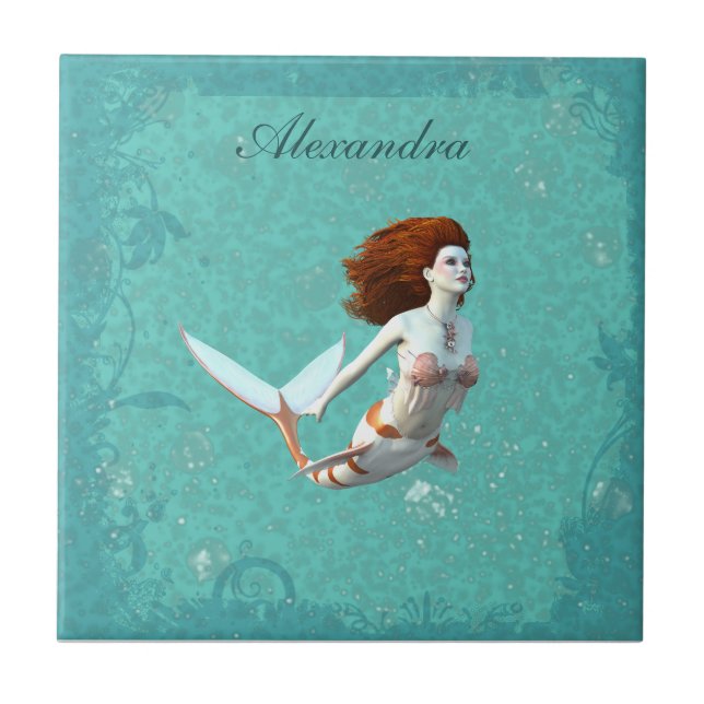 Pretty Koi Mermaid Swimming Underwater Tile (Front)
