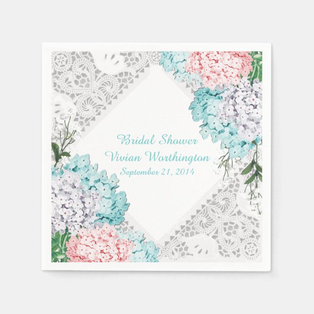 Pretty Lace and Hydrangeas Bridal Shower Napkins (Front)