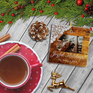 Pretty Lace And Rustic Cabin Wood Look Photo Xmas Ceramic Tree Decoration
