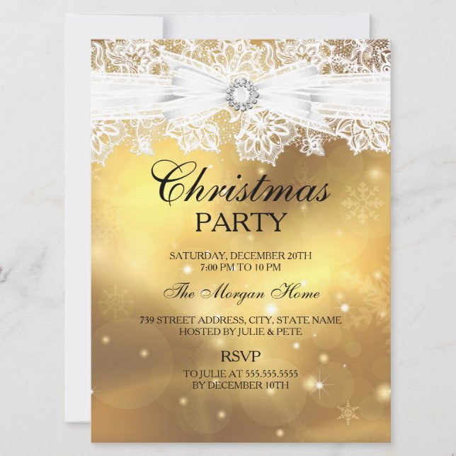 Pretty Lace & Bow Gold Christmas Holiday Invite (Front)