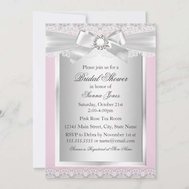 Pretty Lace & Bow Pink Bridal Shower Invitation (Front)