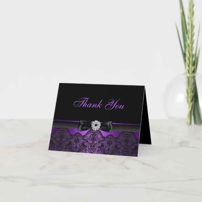 Pretty Lace & Bow Purple Thank You Card (Front)