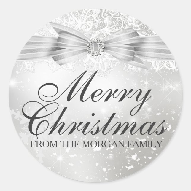 Pretty Lace & Bow Silver Christmas Holiday Sticker (Front)
