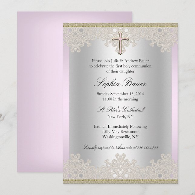 Pretty Lace Cross Baptism/Christening Invitation (Front/Back)