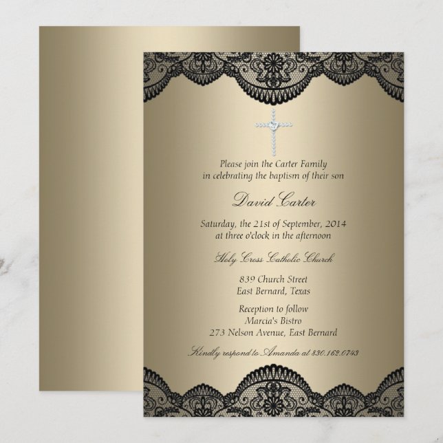 Pretty Lace Cross Gold Baptism Invite (Front/Back)