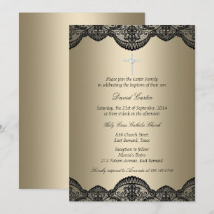 Pretty Lace Cross Gold Baptism Invite