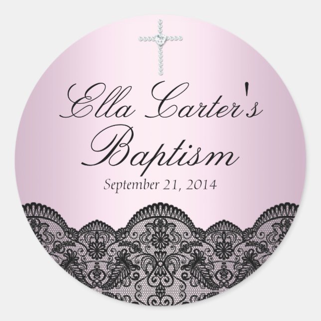 Pretty Lace & Cross Pink Baptism Sticker (Front)
