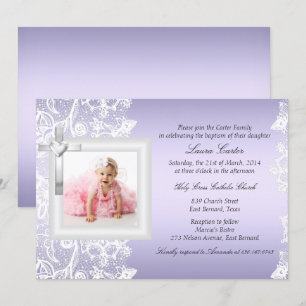 Pretty Lace Cross Purple Baptism/Christening Invitation