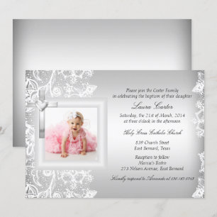Pretty Lace & Cross Silver Baptism/Christening Invitation