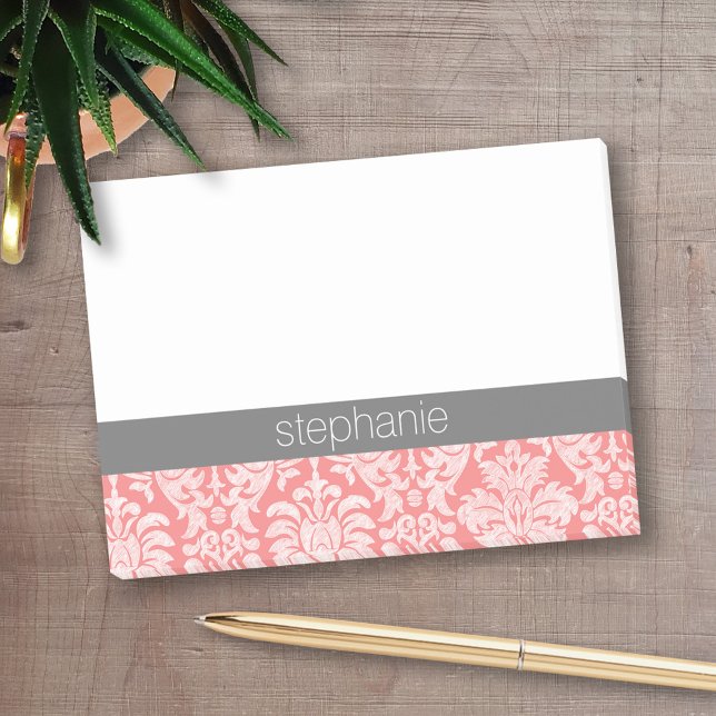 Pretty Lace Damask Pattern Coral Grey Post-it Notes (Personalized Post-It Notes - add name or other text)