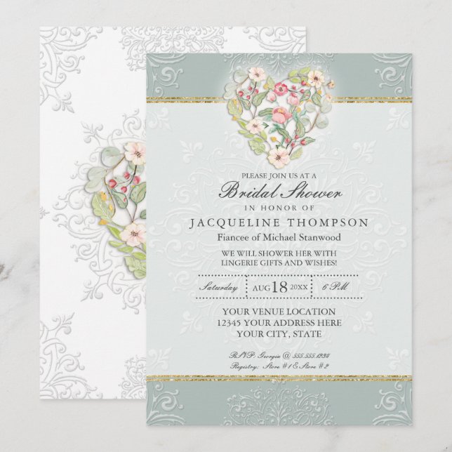 Pretty Lace Dusty Silver Sage Floral Bridal Shower Invitation (Front/Back)