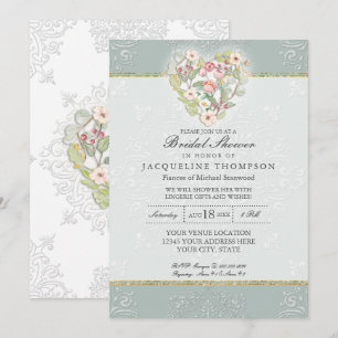 Pretty Lace Dusty Silver Sage Floral Bridal Shower Invitation