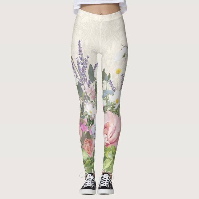Pretty Lace Painted Floral Pink Peony Wild Flowers Leggings (Front)