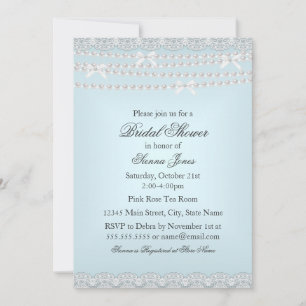 Pretty Lace & Pearl Blue Bridal Shower Invitation