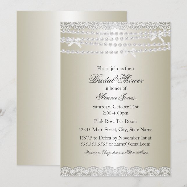 Pretty Lace & Pearl Bridal Shower Invitation (Front/Back)