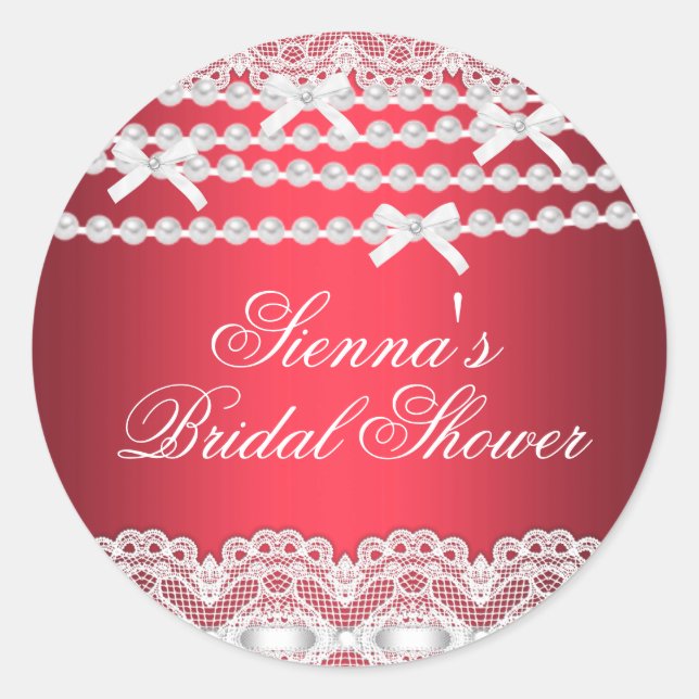 Pretty Lace & Pearl Red Bridal Shower Sticker (Front)
