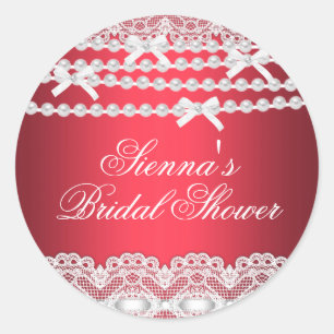Pretty Lace & Pearl Red Bridal Shower Sticker