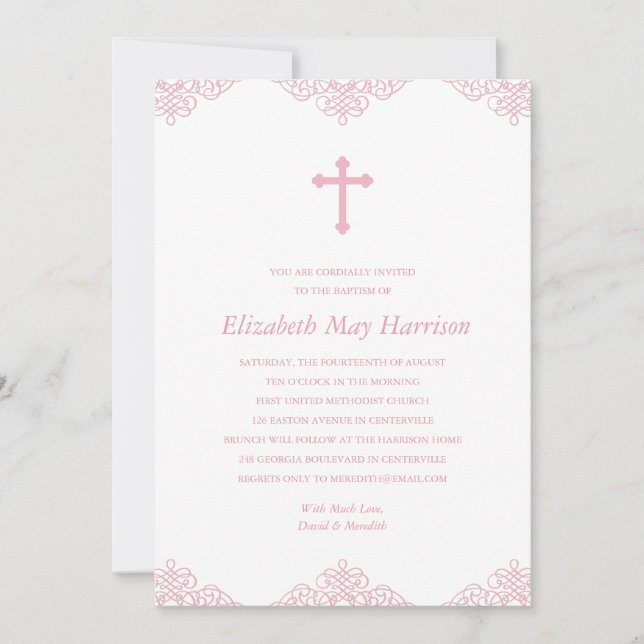Pretty Lace | Pink Girls Baptism/Christening Invitation (Front)