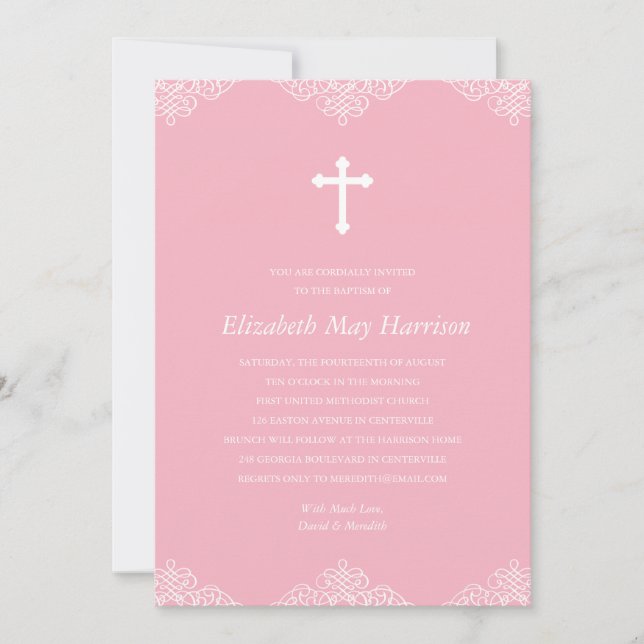 Pretty Lace | Pink Girls Baptism/Christening Invitation (Front)