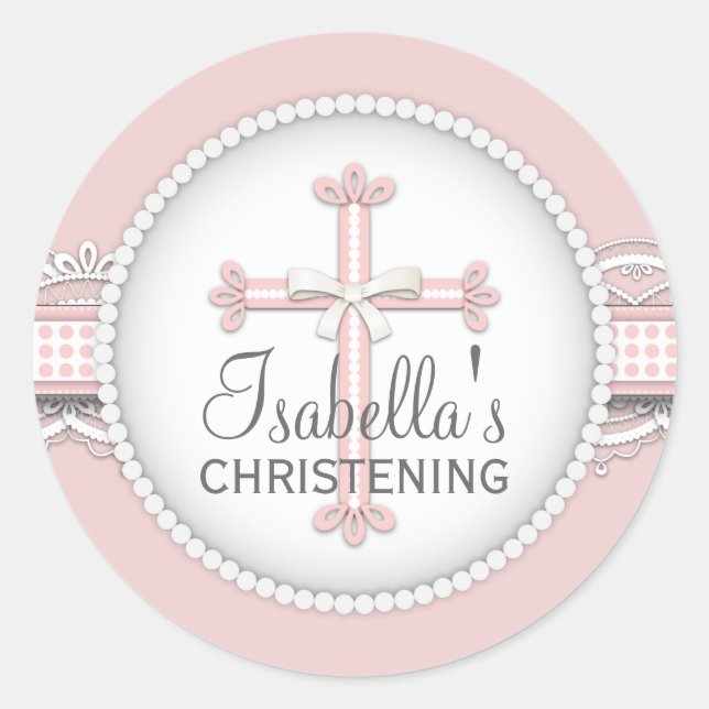 Pretty Lace Religious Celebration Cross in Pink Classic Round Sticker (Front)