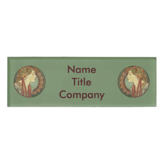 Pretty Ladies in Mosaic Circle Leaves Ribbons Hair Name Tag