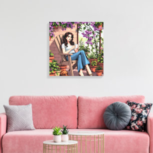 Pretty Lady Drinking Coffee Relaxing Outside Canvas Print