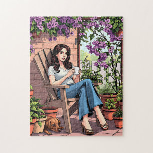 Pretty Lady Drinking Coffee Relaxing Outside Jigsaw Puzzle
