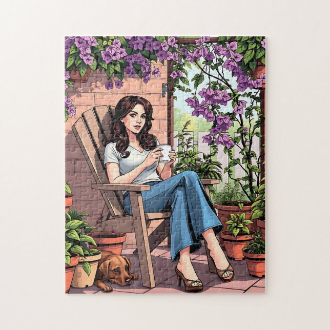 Pretty Lady Drinking Coffee Relaxing Outside Jigsaw Puzzle (Vertical)