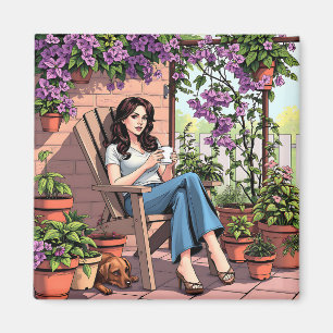 Pretty Lady Drinking Coffee Relaxing Outside Magnet