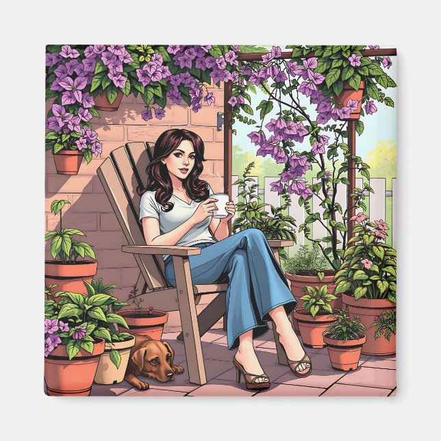 Pretty Lady Drinking Coffee Relaxing Outside Magnet (Front)