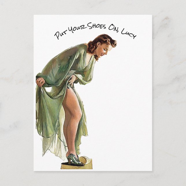 Pretty Lady in green Put your shoes on Lucy custom Holiday Postcard (Front)