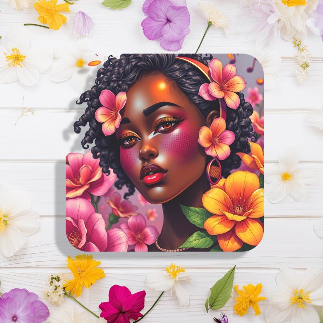 Pretty Lady of Colour Pink Flowers Musical Notes Square Sticker (Creator Uploaded)