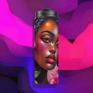 Pretty Lady of Colour Pink Flowers Musical Notes Thermal Tumbler