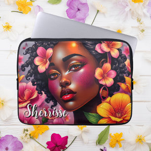 Pretty Lady of Colour Pink Flowers Personalised Laptop Sleeve