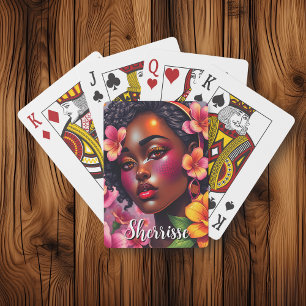 Pretty Lady of Colour Pink Flowers Personalised Playing Cards
