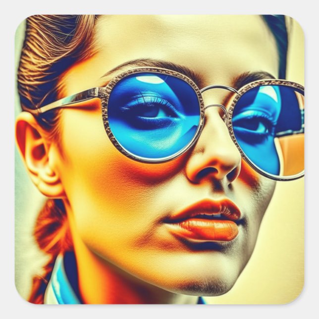 Pretty Lady with Blue Sunglasses with Reflection Square Sticker (Front)
