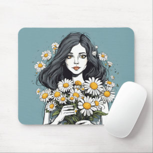 Pretty Lady With Daisy Bouquet Mouse Mat