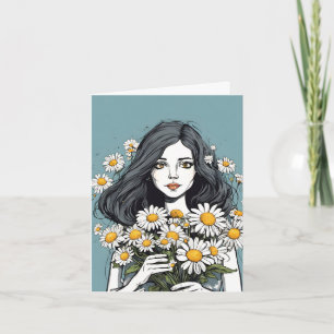 Pretty Lady With Daisy Bouquet Note Card